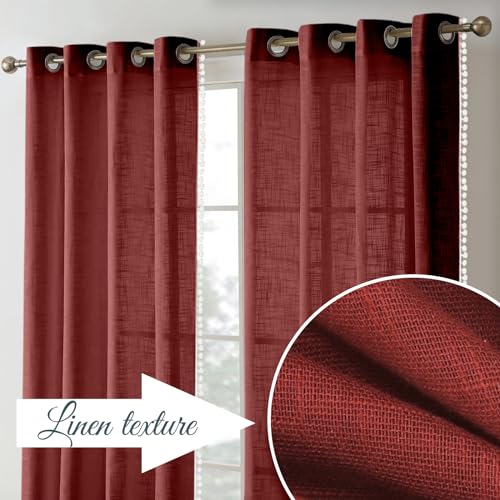 Image of THE LINEN COMPANY Cotton Sheer Grommet Curtains with Side Border Pompom Sheer Curtain for Window Linen Textured, Light Filtering, Pack of 2 (Maroon, 6 Feet)