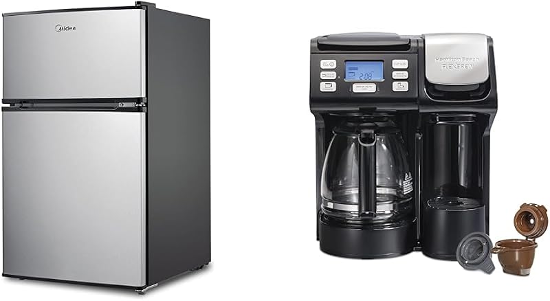 Midea WHD-113FSS1 Refrigerador compacto, 3.1 pies cúbicos, acero inoxidable y cafetera de 2 vías Hamilton Beach FlexBrew Trio, compatible con cápsulas K-Cup o molidos