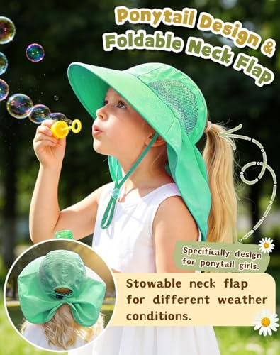 Image of Rosoz Kids Sun Hat with Neck Flap UV Protection Summer Toddler Beach Hat Unisex Ponytail Hat Wide Brim Fishing Hat