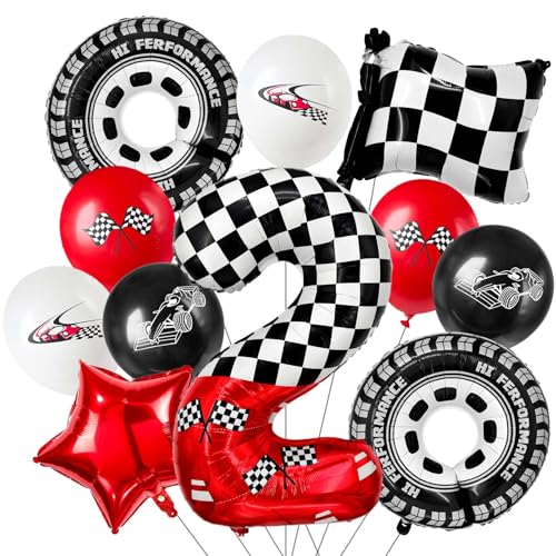 Laackys 11 pack racing theme 40-inch digital foil balloon, featuring black and white checkered pattern and red racing elements, perfect for birthday party decorations and racing-themed events. (2)