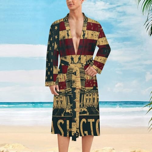 Vintage U.S. Flag Washington DC Mens Bathrobe Soft Long Bath Robe Warm Spa Robe Nightgown Quick Dry with Waist Belt2