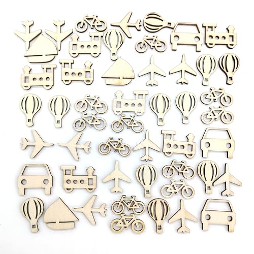 CHENNAN 50 Pezzi Artigianato decorativo su trucioli di legno, Sagome in legno non finite, Aeroplani, biciclette, mongolfiere, barche a vela, automobili, 5 combinazioni di forme,Mix di quantità