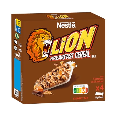 LION Barritas de Cereales Nestlé con crema de caramelo y chocolate, estuche de 4 barritas de 25g