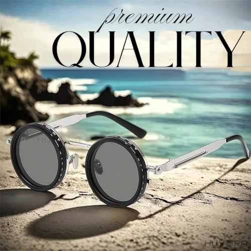 Image of Adjustable Tint Rotating Polarized Round Sunglasses for Men Stylish, Anti Glare Lenses 1-11 Gear UV400 Protection Metal Goggles for Driving Beach Retro Branded Sun Glasses