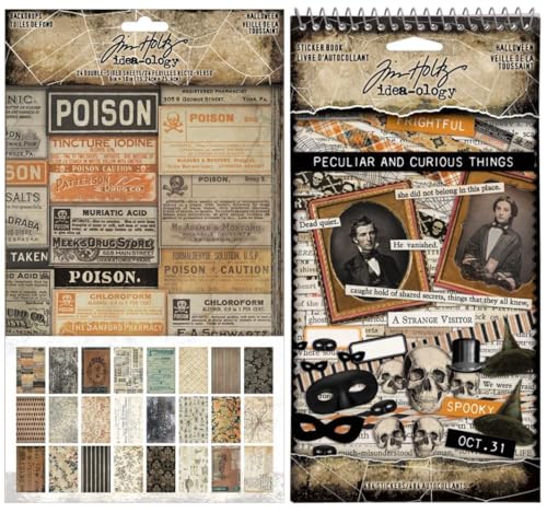 Tim Holtz Idea-ology Halloween 2025 Backdrops & Peculiar and Curious Things Sticker Book - 2 Item Bundle
