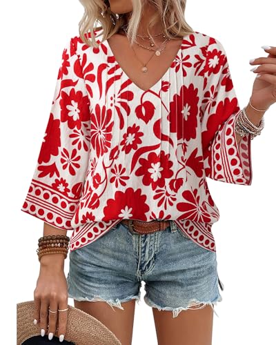 Youtalia Flowy Tops for Women Bohemian Work Blouse Dressy T Shirts Bohemian Peasant Blouses Loose Fit Tunic Tops for Grandmother Beach Vacation Clothes for Women White Red Floral L