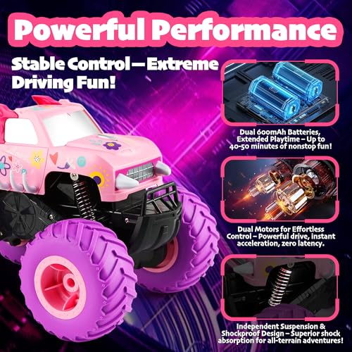 Image of Threeking 1:16 Amphibious Monster Truck Pink Remote Control Car for Girls | Waterproof Durable 4WD Off-Road RC Crawler Cars Pick-Up Unique Toys Gifts for Ages 6-12