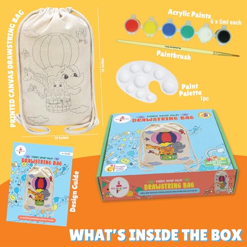 Image of Kalakaram DIY Drawstring Bag Painting Kit, Animal Theme Painting Kit, Pre-Printed Canvas Drawstring Bag, DIY Activity Art and Craft Kit for Girls, Teens, & Kids Age 5, 6,7,8,9+ Kids, Multicolor