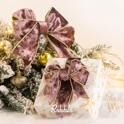 Image of Ribbli Rose Gold Velvet Wired Ribbon 1.5 Inch Metallic Rose Gold Crushed Velvet Christmas Ribbon for Gift Wrapping Christmas Tree Decoration Crafts Wreaths Supplies-Continuous 10 Yards