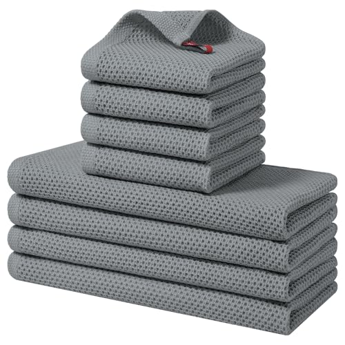 Image of Homaxy 100% Cotton Kitchen Towels and Dishcloths Set, 12 x 12 Inches and 13 x 28 Inches, Set of 8 Bulk Kitchen Towels Set, Ultra Soft Absorbent Dish Cloths for Washing Dishes, Grey