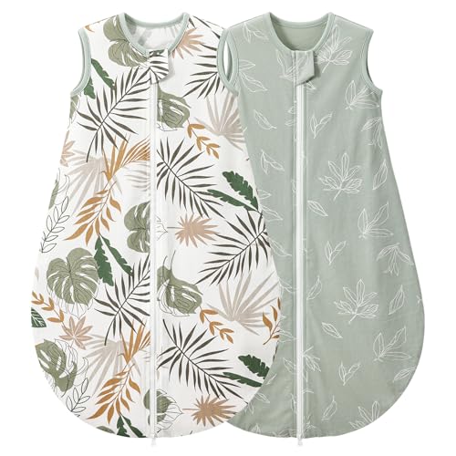 LULUMONKEY Baby Sleeping Bag 0.5 Tog 18-36 Months 2 Pack 100% Cotton Summer Newborn Sleep Sack Baby Wearable Blanket Green Leaves