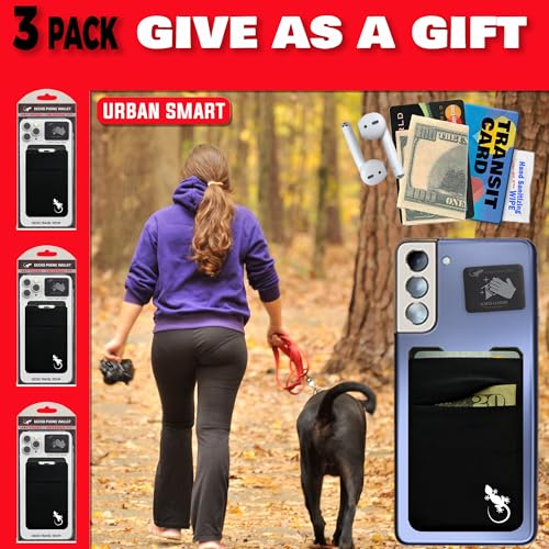 Image of Gecko Travel Tech Double Pocket - Adhesive Card Holder - Cell Phone Pouch - Stick on Lycra Pocket - Carry Credit Cards and Cash (3 PACK - BLACK WHITE)