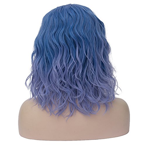 Image of BERON Blue Wigs for Women Short Curly Wavy Wig Girls Blue Ombre Colored Heat Resistant Synthetic Hair Wig for Costume Cosplay Party or Daily Use
