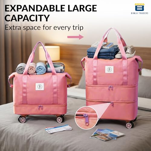Image of Btag Travel Duffle Bag with Wheels | Convertible Handbag, Trolley & Shoulder Luggage for Clothes | Space-Saving Foldable Travel Companion |Expandable & Waterproof Traveling Bag for Unisex (Sweet Pink)