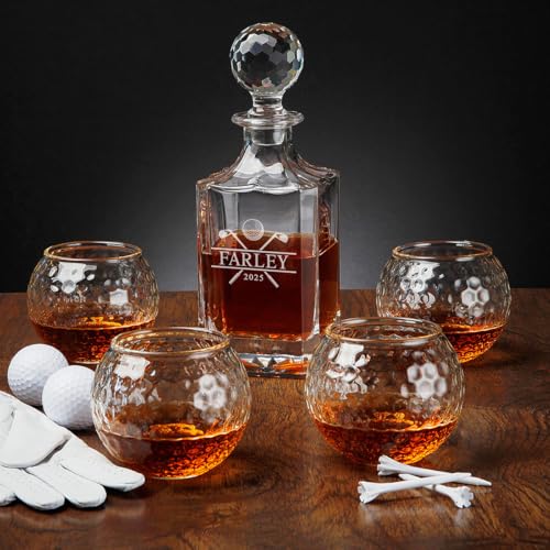 Engraved Decanter with Golf Ball Whiskey Glasses - Par Excellence 26 oz Custom Whiskey Decanter for Golf Enthusiasts