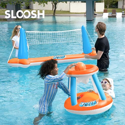 image for JOYIN Inflatable Pool Float Set Volleyball Net & Basketball Hoops, Flo