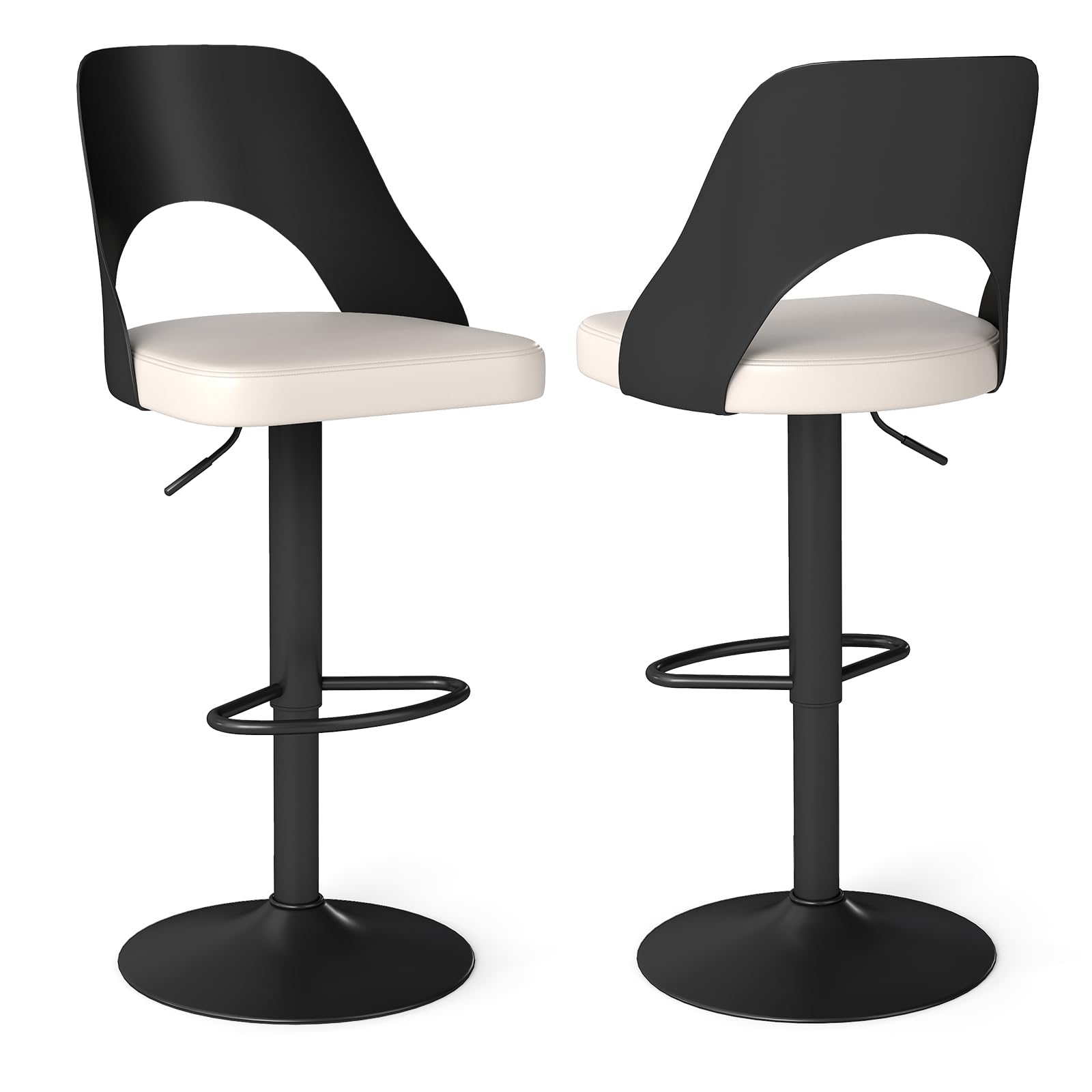 COSTWAY Set de 2 Taburetes Altos de Bar con Reposapiés, Sillas de Bar Giratorias 360° con Respaldo, Taburetes Ajustables en Altura, Sillas de Comedor para Cocina Bistro Estudio (Blanco y Negro)