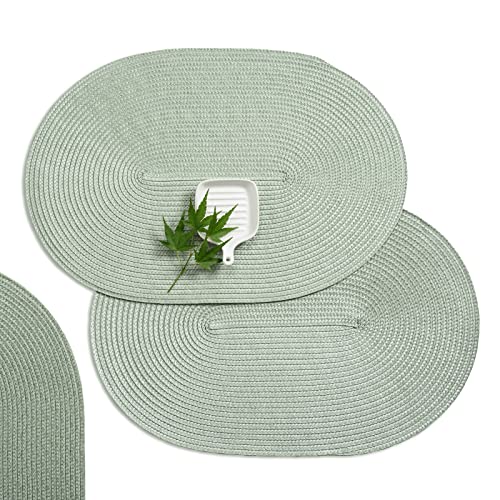 AHHFSMEI Placemats，Placemats Set of 6 for Dining Table Washable Woven Vinyl Non-Slip 18×12 inches Placemat Heat-Resistant Durable Table Mats for Dining Table Easy to Clean (Oval Fog Green, 6)