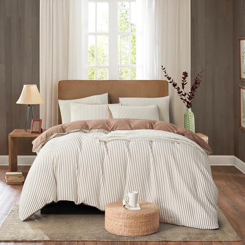 Image of Brown Striped Comforter Set Queen - 3 Pieces Bedding Comforter Set for All Season, Soft Lightweight Washed Microfiber, 1 Striped Comforter and 2 Pillowcases (Brown, Queen Size)