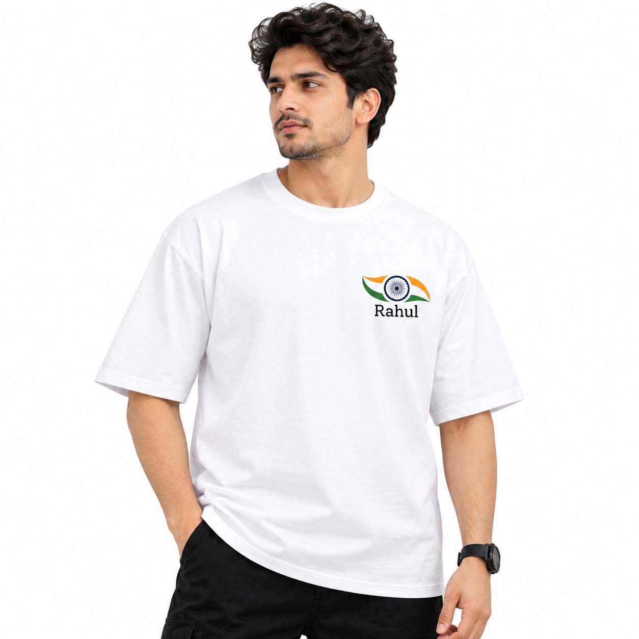 Personalized Tricolor Inspired Graphic White T-Shirt for Men | Custom Name Printed Cotton Round Neck Half Sleeve Casual Tee-picture-23