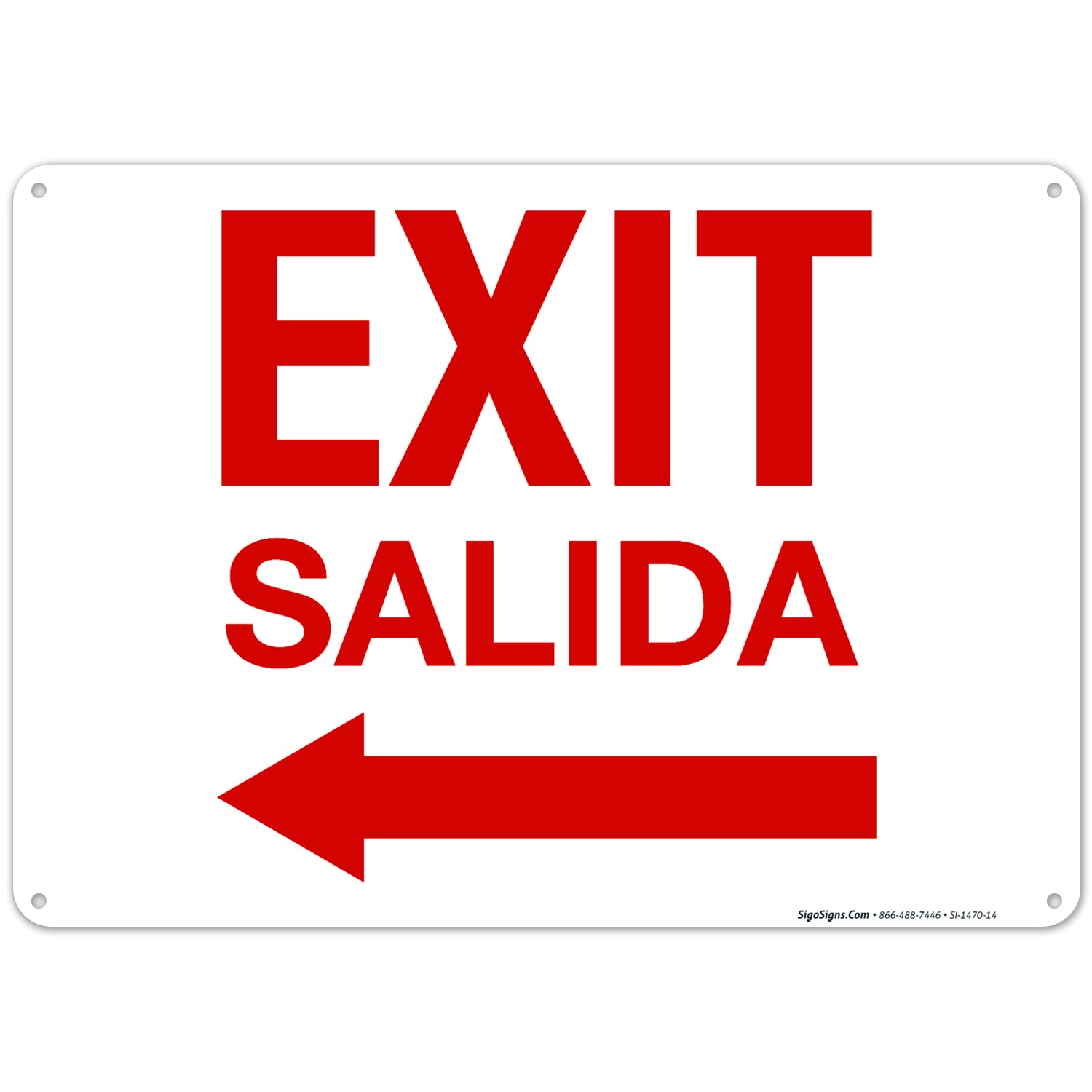 Exit Left Arrow Bilingual Sign, 10x14 Inches, 55 mil Thick HDPS (high Density polystyrene), Made in USA