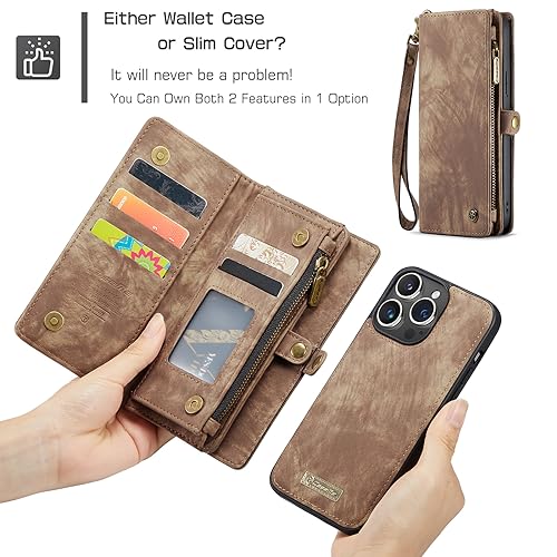 Kowauri Wallet Case for iPhone 15 Pro, Zipper Purse Folio Leather Wallet with Card Holder Wrist Strap Detachable Magnetic Shockproof Protective Back Case for iPhone 15 Pro (6.1 inch), Brown
