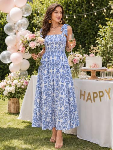 Image of BROVAVE Women Summer Floral Dress: Casual Square Neck Flowy Boho Beach Midi Sundress Sleeveless Tie Shoulder Vacation Daily