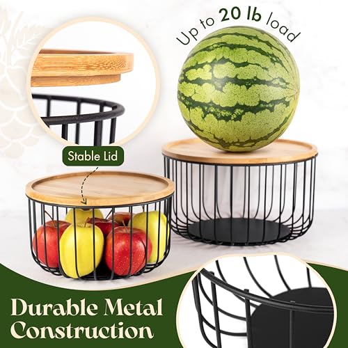 Fruit Basket for Kitchen Counter Set of 3 - Large Stackable Baskets with Bamboo Lid - Fruit Bowl, Perfect Holder For Fruits and Vegetable Storage -Keep Your Countertop Classy, Tidy and Slightly Fruity - Image 6