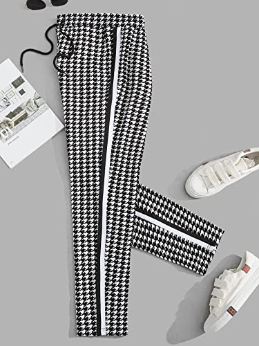 WDIRARA Men's Houndstooth Print Drawstring Waist Tie Front Tapered Casual Long Pants3