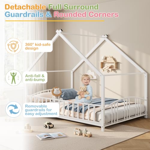 Image of Garvee Full Size Montessori Metal House Floor Bed Frame with Rail, White