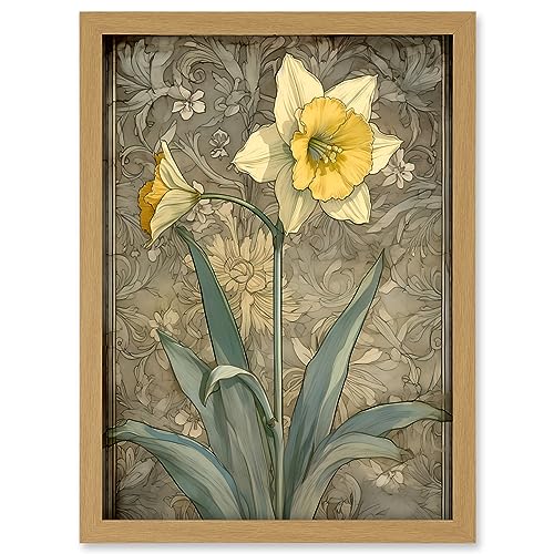 Artery8 Daffodil Flower Pastel Watercolour Art Nouveau Artwork Framed A3 Wall Art Print, Framed Light Oak A3, 45.5L x 33W cm