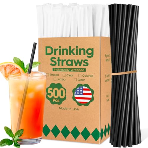 Delxo 500 Count Individually Wrapped Black Plastic Straws - 7.75 Inch Long, 0.23 Inch Diameter - Disposable Drinking Straws for Party, Every Occasion - Made in USA