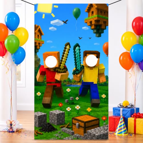 Image of IndoTribe Video Game Birthday Decorations Face in The Hole Backdrop for Photos 6x3ft Face Cutout Photo Booth Props for Gamer Birthday Party Decorations Door Prop Photo Booth Fabric Backdrop