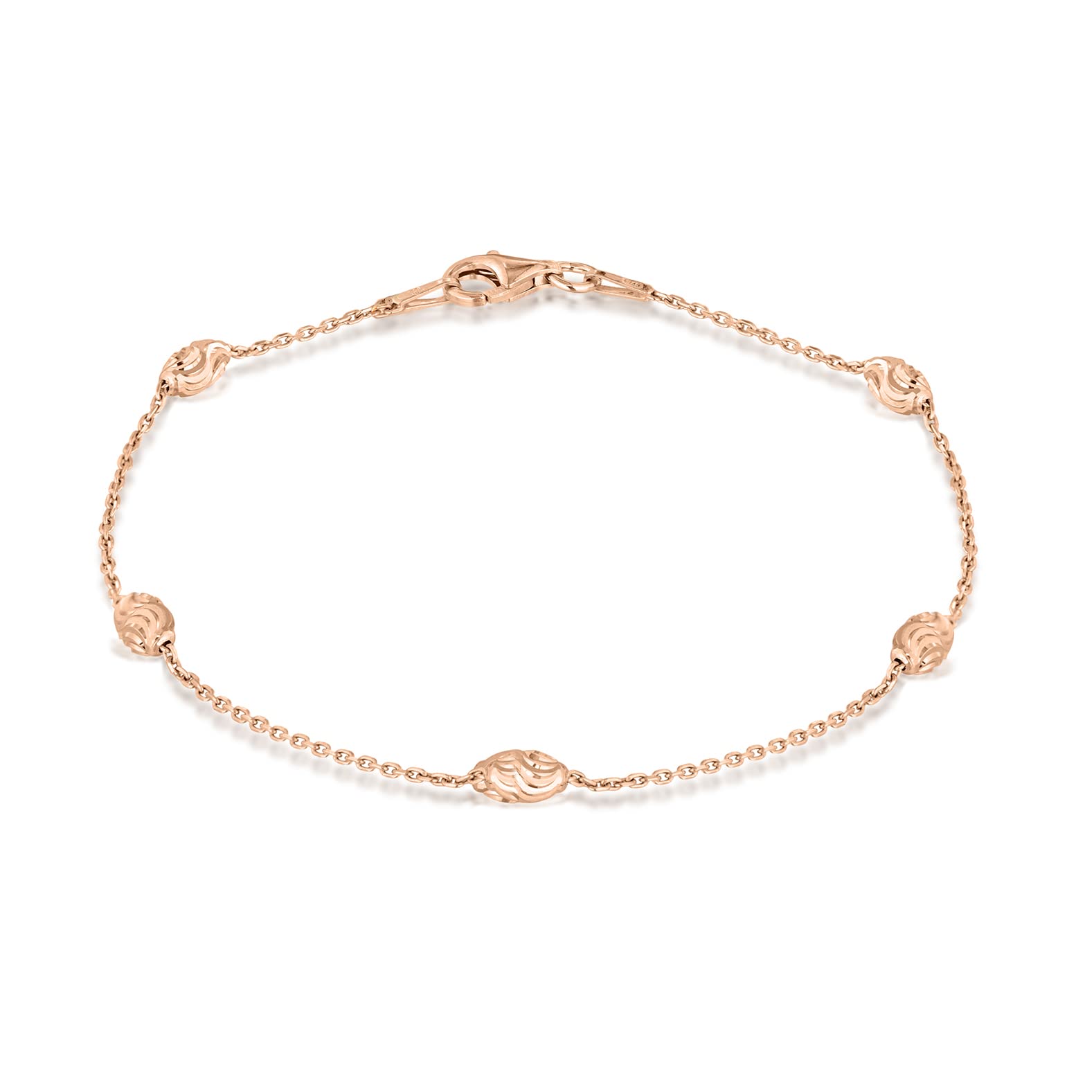 Tuscany Silver Women's Sterling Silver Rose Gold Plated Diamond Cut Ball and Trace Chain Bracelet of 19cm/7.5"