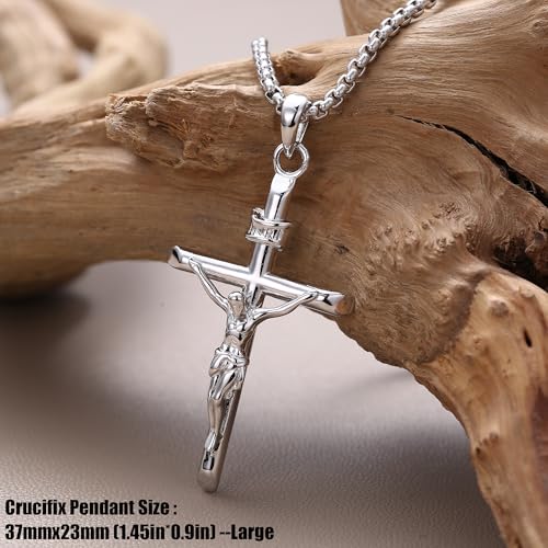 MILACOLATO 925 Sterling Silver Crucifix Necklace for Men Women, 2mm Sterling Silver Rolo Chain with Small or Large Crucifix Pendant, Jesus Crucifix Cross Necklace 16-24 Inches Christian Religious Jewelry Gifts4