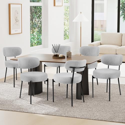 Sweetcrispy Dining Chairs Set of 6, Boucle Upholstered Modern Mid Century Round Kitchen Chairs with Curved Backrest & Metal Legs for Vanity, Living Room - Grey