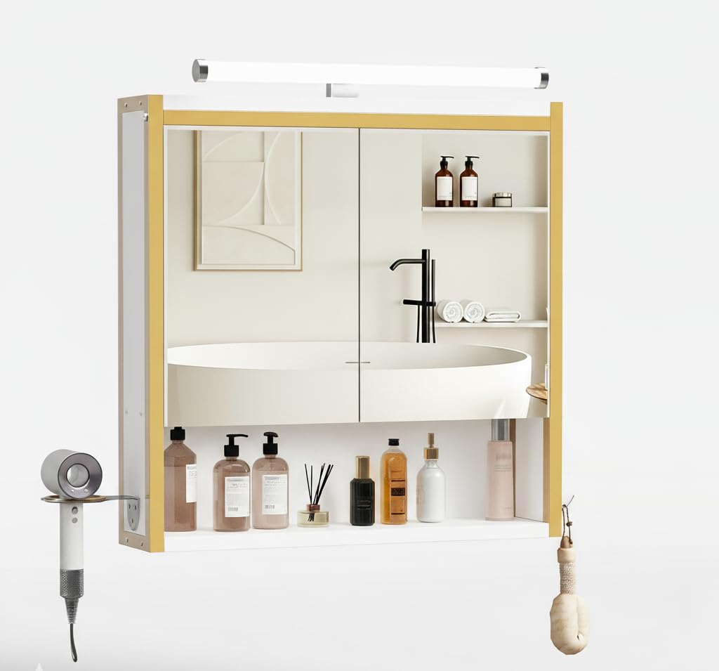 ELUCHANG Specchio da Bagno con Contenitore e Luci, Pensile da Bagno con 2 Ante, 1 Scomparto Aperto e 2 Vani Chiusi, Ripiano Interno Regolabile,Bianco+Dorata, 60x13x60cm