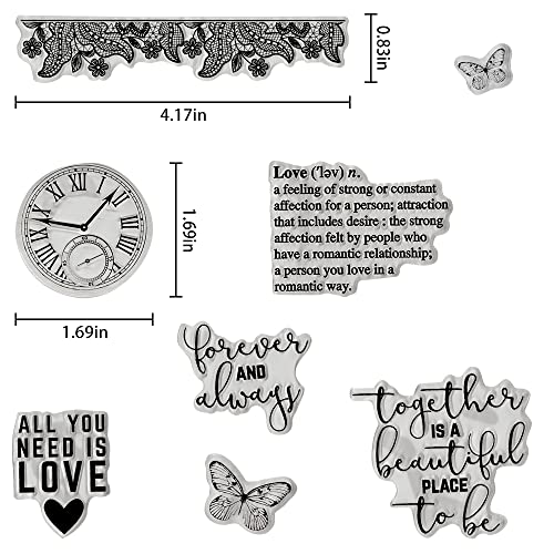 Threetols Flower Frame Clear Stamps For Card Making, Butterfly Clear Rubber Stamps Love Words Clock Stamps For Holiday Card Making Decor Diy Scrapbooking Transparent Album Decor Paper Craft #TOP1