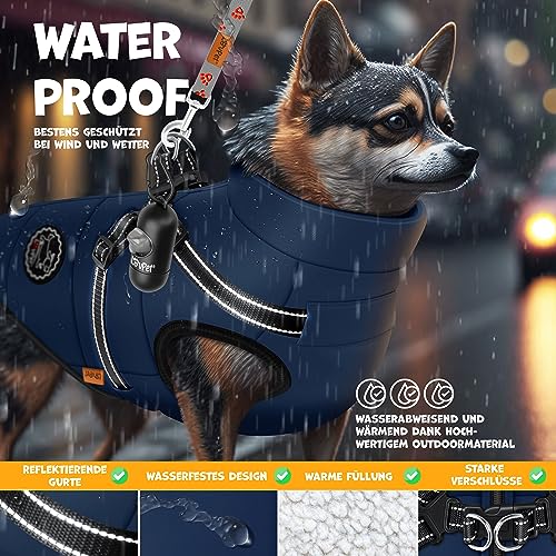 LOVPET® Hundejacke Hundemantel mit Geschirr, inkl. 45 Stück Kotbeutel + Spender, Hunde Winterweste gefüttert wasserdicht, Gepolsterte Weste Mit Brustgurt, Reflektoren, D-Ring L, Navyblau