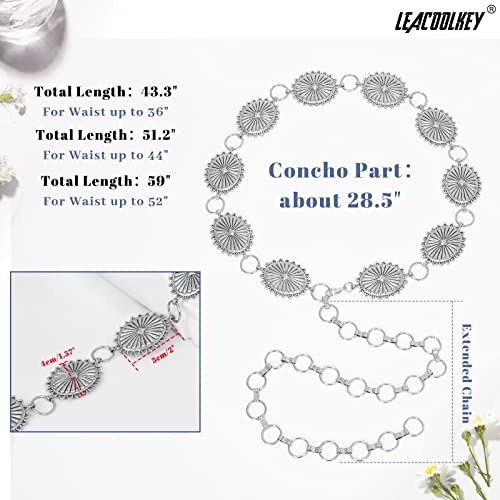 Image of LEACOOLKEY Women Turquoise Concho Chain Waist Belt Silver Western Cowgirl Metal Chain Belt for Dress Adjustable