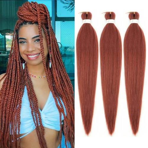 Ginger Braiding Hair Pre stretched 18 Inch 3 Packs 350# Copper Red Pre-stretched Braiding Hair EZ Braid Yaki Texture Synthetic Hair Extensions for Crochet Box Braids