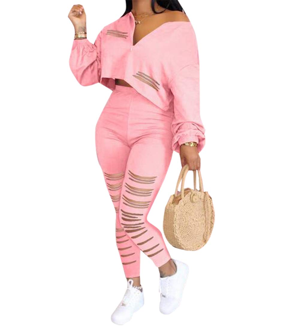 Womens Long Sleeve Hollow Out Shirt Zipper Solid Color Long Pants Outfits