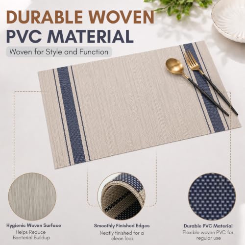 Image of Solitude Set of 6 Dining Table Placemats | Non-Slip PVC Table Mats, Heat Resistant, Washable, Stain-Resistant Surface, (Beige & Blue, 45 x 30 cm)