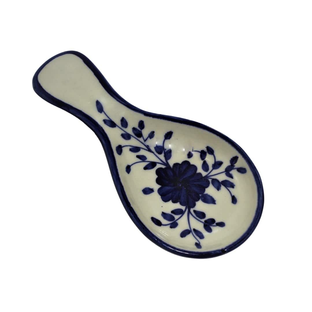 Mirakii Ceramic Spoon Rest Holder for Kitchen – Hand Painted Blue Floral Utensil Rest for Stove Top & Counter – Indian Pottery, Microwave & Dishwasher Safe - Image 6 thumbnail