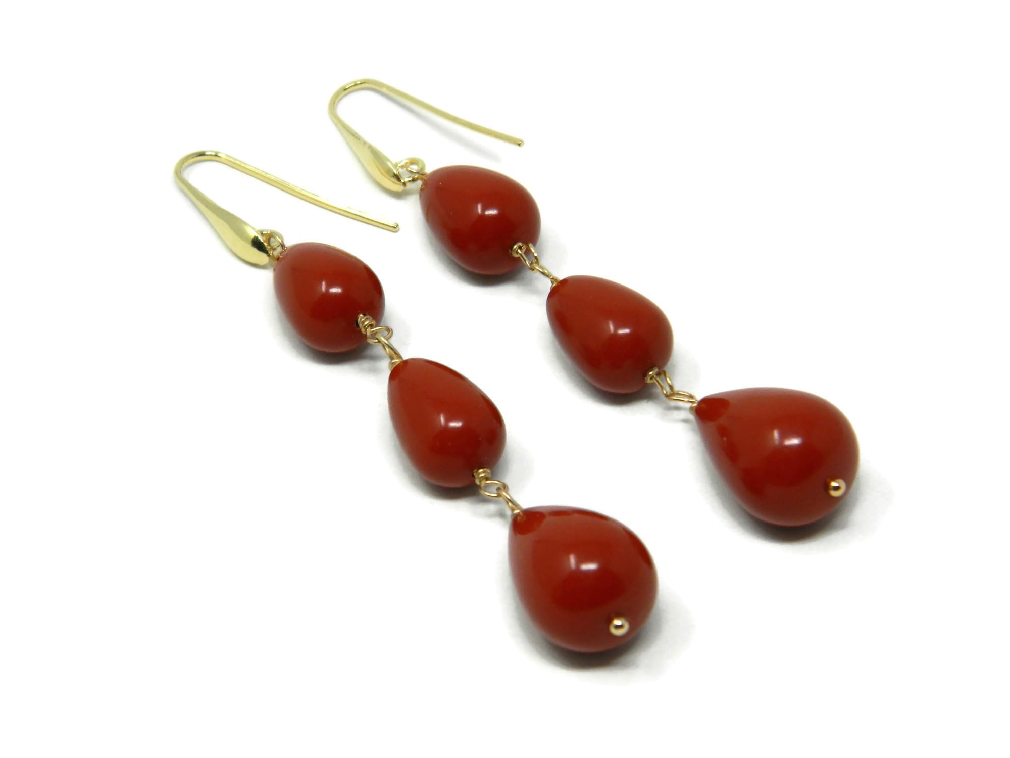 Orecchini Pendenti in Pasta di Corallo Rosso Sardegna, 3 Gocce, Argento 925 Placcato Oro, 8,5 cm, DodiGioielli