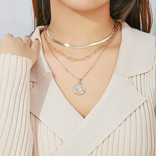 Hidepoo Gold Layered Necklaces for Women, 14K Gold Plated Dainty Coin Pendant Choker Necklace Herringbone Snake Necklace Paperclip Chain Layered Necklaces for Women Jewelry Gifts3