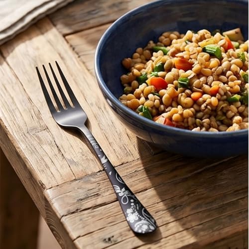 Image of 8.1 inch Charcoal Black Dinner Forks with Floral Printed Handle | 5-Piece Premium Stainless Steel Flatware Set | Elegant Dishwasher-Safe Cutlery for Home, Restaurants, and Gift Giving