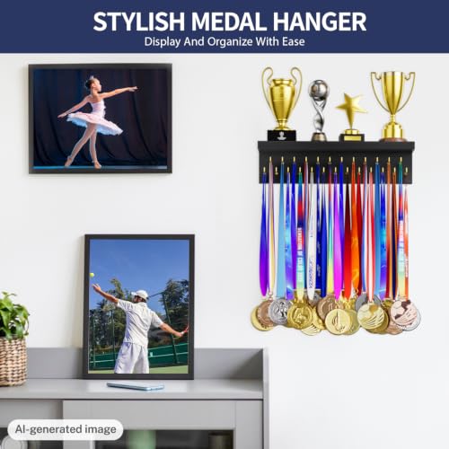 Image of Medal Holder Display Trophy Shelf Organizer, Sturdy Wooden Race Award Hanger Rack with 25 Steel Hooks, Wall Mount Storage Stand for Sports Fans, Cheer Success