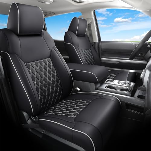 Image of Huidasource Tacoma Front&Back Seat Covers Full Set, Automotive Leather Car Seat Cushion Cover Fit for 2005-2015 Double&Crew Cab 2nd Gen Toyota Tacoma Base SR5 Limited TRD Sport(Full Set /Black&White)