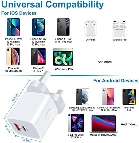 Galaxy A13/A12/A23/A52s/A32/A33/A22 USB C Charger Plug,20W Dual Ports PD & QC 3.0 Mains Wall Charger Plug,Type C Plug Fast Charging Power Adapter with USB C Cable for Samsung Galaxy A13,iPhone